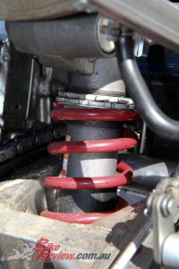 A later generation GSX-R shock was fitted for greater adjustability