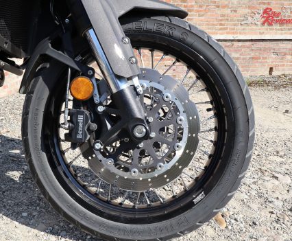 2018 Benelli TRK 502X - Tubeless spoked Henly Racing wheels, two-piston calipers, 320mm petal rotors, switchable ABS