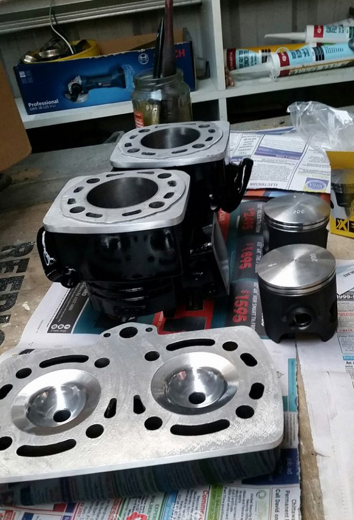 Barrels were bored to oversize, new pistons and ring, ported and polished and head skimmed. 