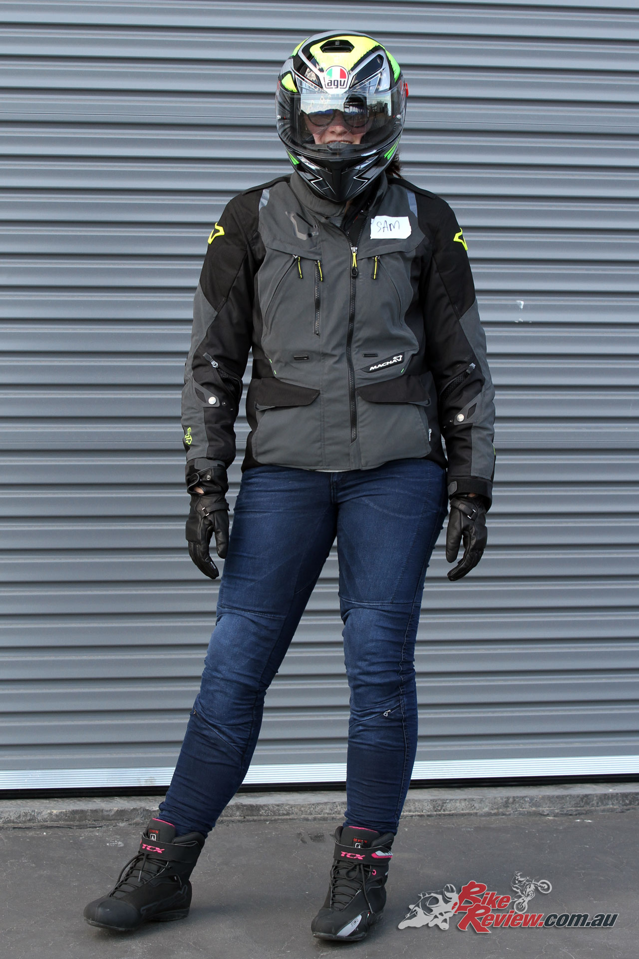 Macna Jenny Jeans, Equator Jacket, Moon Gloves, AGV K-3 SV helmet and TCX Rush Boots