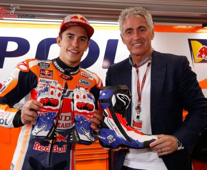 Marc Marquez and Mick Doohan with the Doohan themed gloves and boots worn at the Australian GP