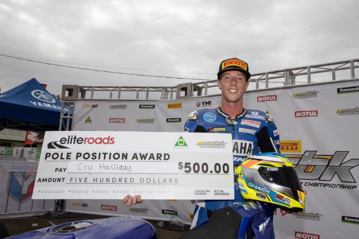 Cru Halliday claims the 2019 season's first Elite Roads Pole Position Award in the Kawasaki Superbike class - Image by TBG Sport