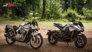The original 1980 Suzuki Katana alongside the new 2019 Suzuki Katana