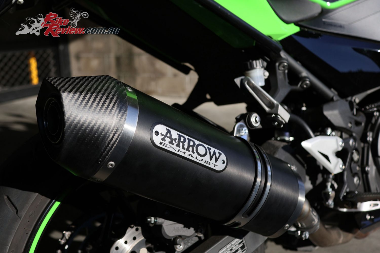 Arrow Race Tech Dark Aluminium slip-on exhaust on our Project Ninja 400