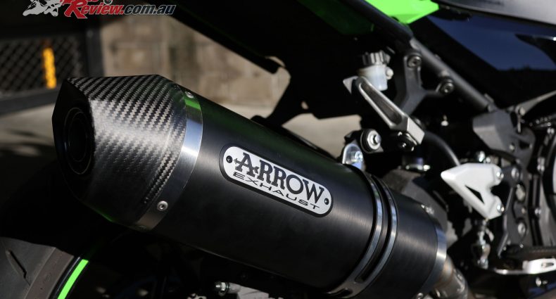 Arrow Race Tech Dark Aluminium slip-on exhaust on our Project Ninja 400