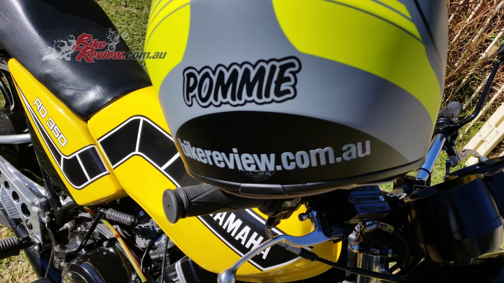 Pommie has been using his AX9 as a street lid lately, riding his custom and classic bikes including his Roberts RD350LC...