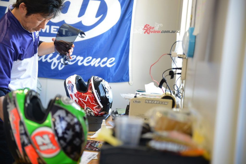 Arai's Kenji Endoh travals to all WorldSBK and MotoGP rounds to service the helmets of Arai riders. Amazing stuff...