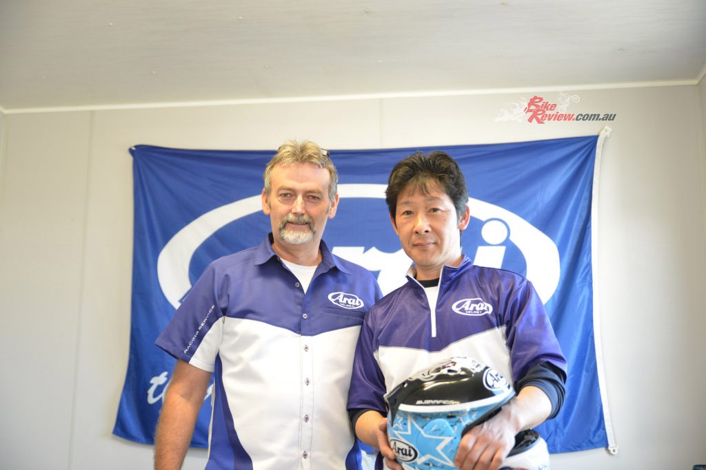 Marcus Holt and Kenji Endoh in the Arai Race Service Centre. 