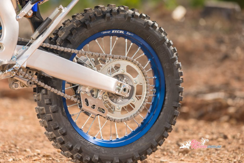 The 2020 Yamaha WR250F runs with an 18-inch rear wheel, allowing for a wide range of tyre fitment.