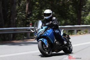The steering geometry is conservative and stable, the weight low, but the GT can still be punted through the turns at a decent pace and is fun to ride in the twisties.