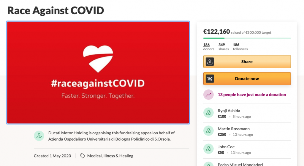 Funds can be pledged towards the #raceagainstCOVID campaign online through GoFundMe.