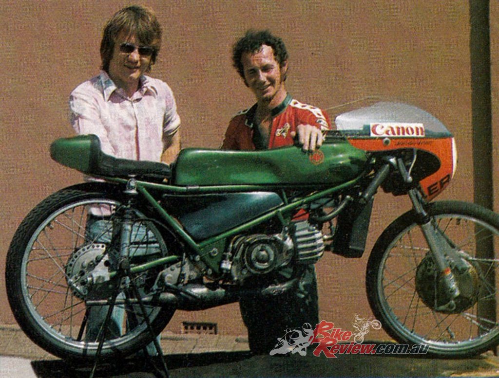 1971 and 1973 World 50cc Champion Jan de Vries with. Van Veen designer and tuner Jorg Moller.