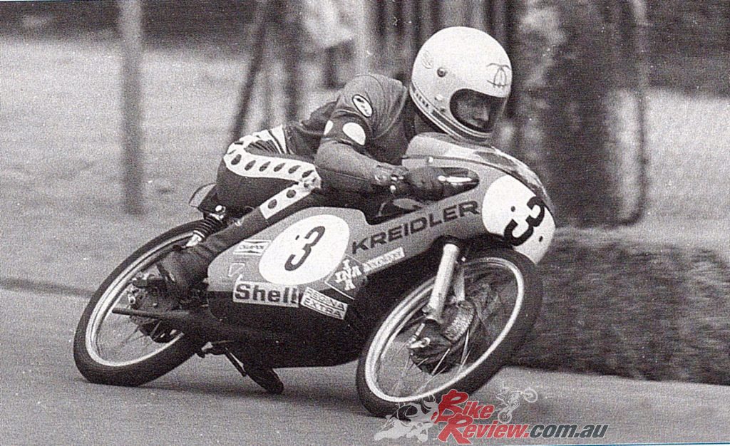 Henk van Kessel on the Kreidler at full flight in 1974.