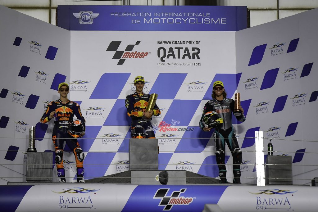 Moto3™ podium L-R: Guevara, Binder and McPhee