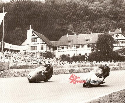 Geoff Duke and Bill Lomas in an era when factory Grand Prix racing was dominated by wildly different engineering ideas.