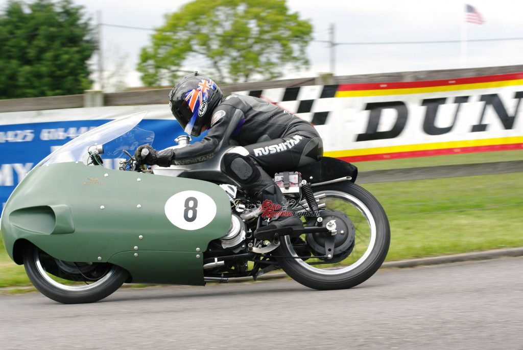 "There’s a long reach forward over the unpainted aluminium fuel tank with its big Monza filler cap on the left, to the very flat-set clip-on handlebars".