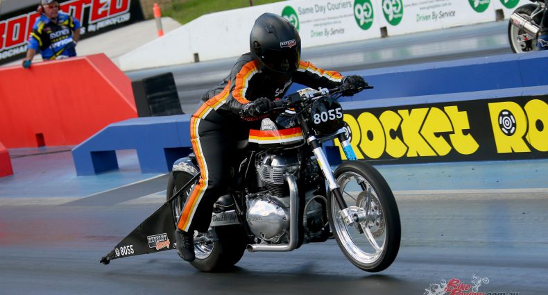 Rider, and team owner, Santina Keith ran a custom built Royal Enfield Continental GT Twin with a stroked 965cc engine in the Modified Bike Class.