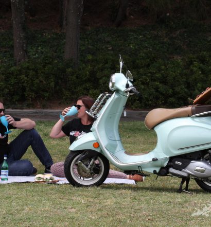 Heather and Jeff Ware, reliving the old days of picnics on their own scooters, with a day in the sun on the Vespa Premavera Pic Nic...