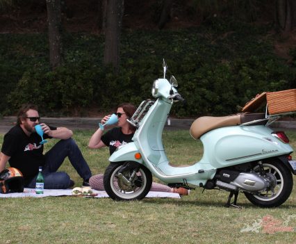 Heather and Jeff Ware, reliving the old days of picnics on their own scooters, with a day in the sun on the Vespa Premavera Pic Nic...