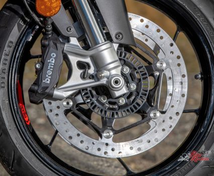 320mm rotors, Brembo radial-mount four 32mm piston calipers.