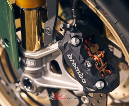 320mm dual floating disc, four-piston Brembo radial calipers.