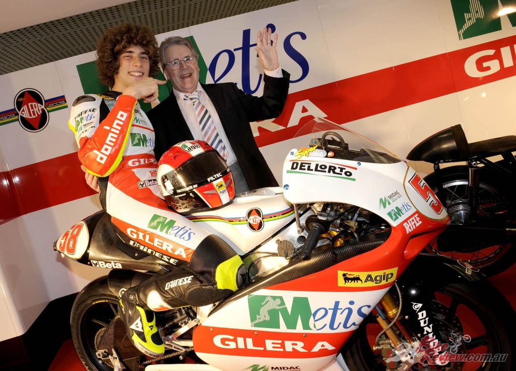 Marco with Gilera’s 1950s legend and six-time World champion (three times each with Norton and Gilera) Geoff Duke in March 2008 in an occasion celebrating Gilera’s centenary year that year. It was Geoff’s final public appearance before he passed away in 2015, aged 92.