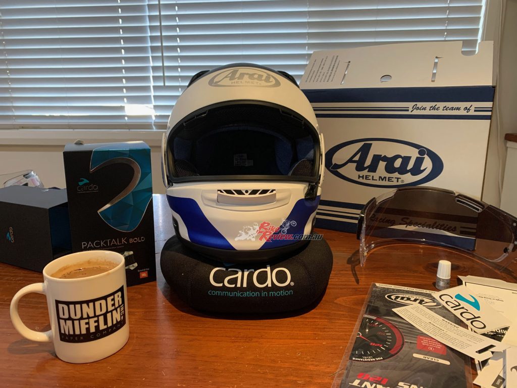 My kit included he Arai Profile-V in Tube Red Matt ($749.95) Mirror Silver Pro Shade ($109.95) and Cardo Packtalk Bold JBL Single ($579.95). Total outlay $1439.85 and all available through Cassons. 