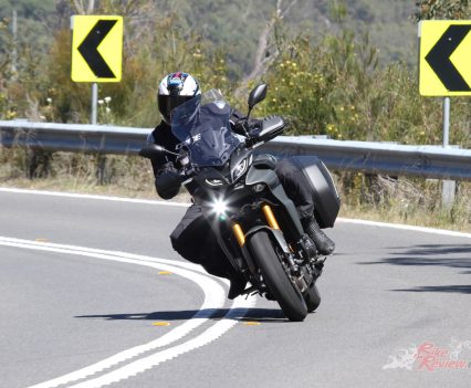 The Tracer 9 GT shares the same sweet handling as the MT-09, with a longer stretch and more sports touring geometry, it is a weapon in the twisties for a sports touring machine and super comfortable, with ample ground clearance.