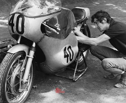 Terry making adjustments to the bike at the 1970 Hungarian GP.