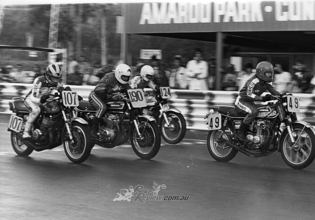 Terry couldn't stay away from the Honda 500! He is seen here at Amaroo Park in 1975 leading in the Chesterfield Superbike Series round on Honda CB500 built by Hannan brothers.