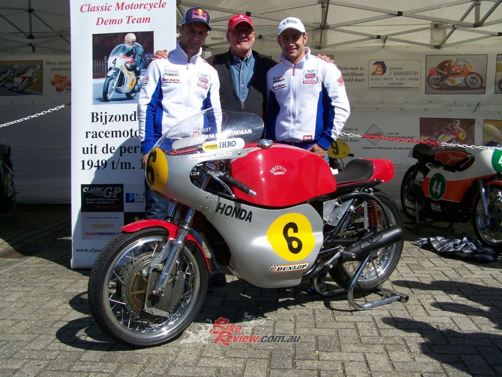 Herman is seen here with WSBK Honda Riders after being reunited with his Drixton 500 and restoring it to its glory.