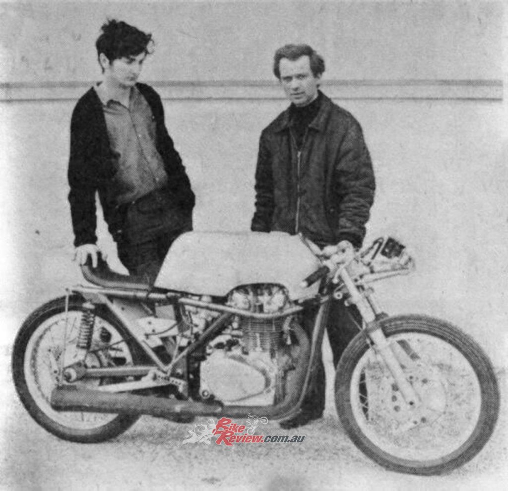 Terry Dennehy (on the left) with Marly Drixl and the Drixton Honda back in 1968...