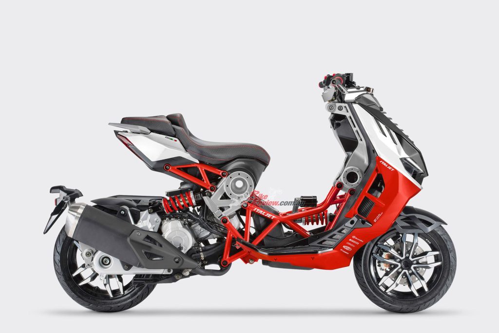 The Dragster features a trellis frame, centre-hub steering, Brembo brakes and Pirelli tyres...