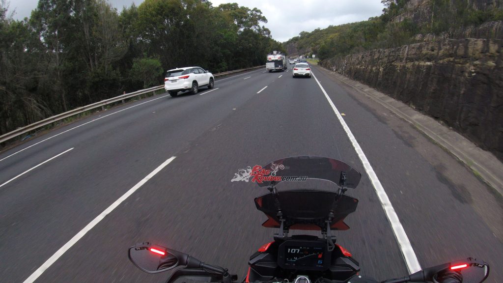 It was out on the M1 Motorway riding with traffic flow at 110km/h on a three lane section that the Ride Vision system truly worked to perfection, helping me stay aware of what was happening around me in a 360 degree circle when added to my own visual field. 