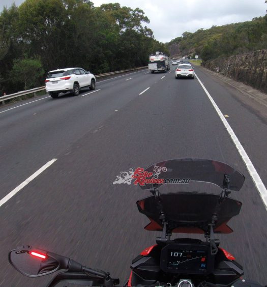 It was out on the M1 Motorway riding with traffic flow at 110km/h on a three lane section that the Ride Vision system truly worked to perfection, helping me stay aware of what was happening around me in a 360 degree circle when added to my own visual field.