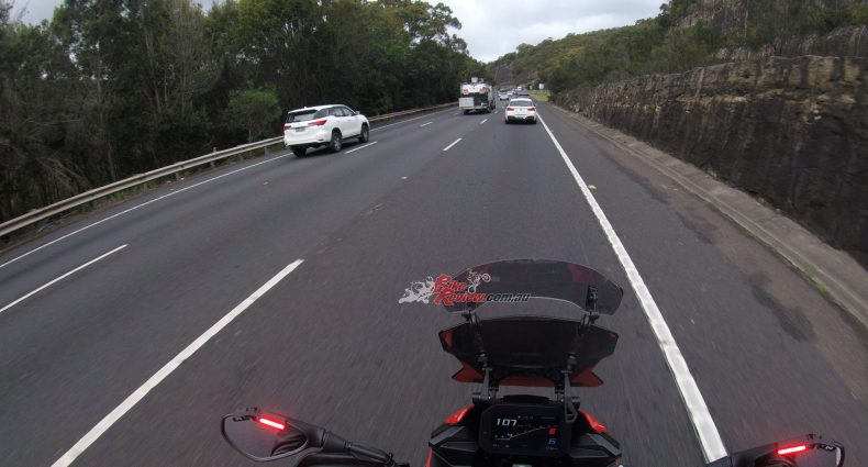 It was out on the M1 Motorway riding with traffic flow at 110km/h on a three lane section that the Ride Vision system truly worked to perfection, helping me stay aware of what was happening around me in a 360 degree circle when added to my own visual field.