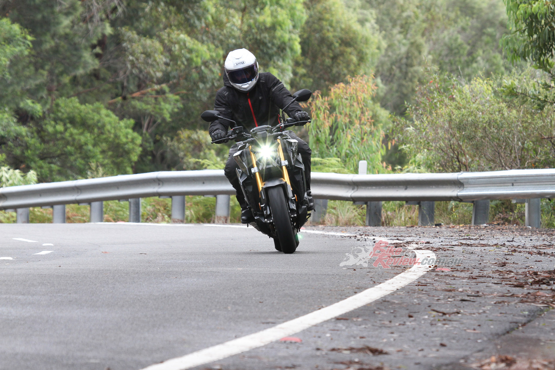 On damp and drying roads, such as above, the ABS and TC, as well as C or B Modes, really help keep such a powerful bike in check. 