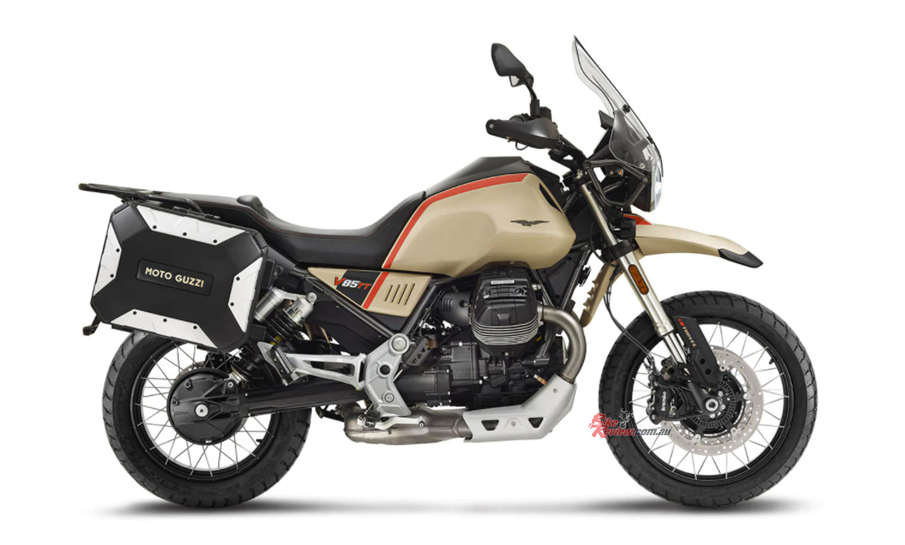 The Moto Guzzi V85 TT travel builds on the standard model with special edition paint and parts from the Moto Guzzi catalogue as standard.