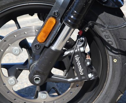 Single Brembo front stopper is adequate for most road riding conditions but another rotor would be welcome.