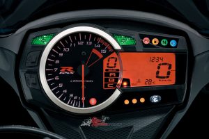 LCD readouts included an odometer, dual trip meters, reserve trip meter, clock, brightness adjustability, coolant temp, oil warning indicator, drive mode selected, gear position speed, rpm, shift lights and a lap timer.