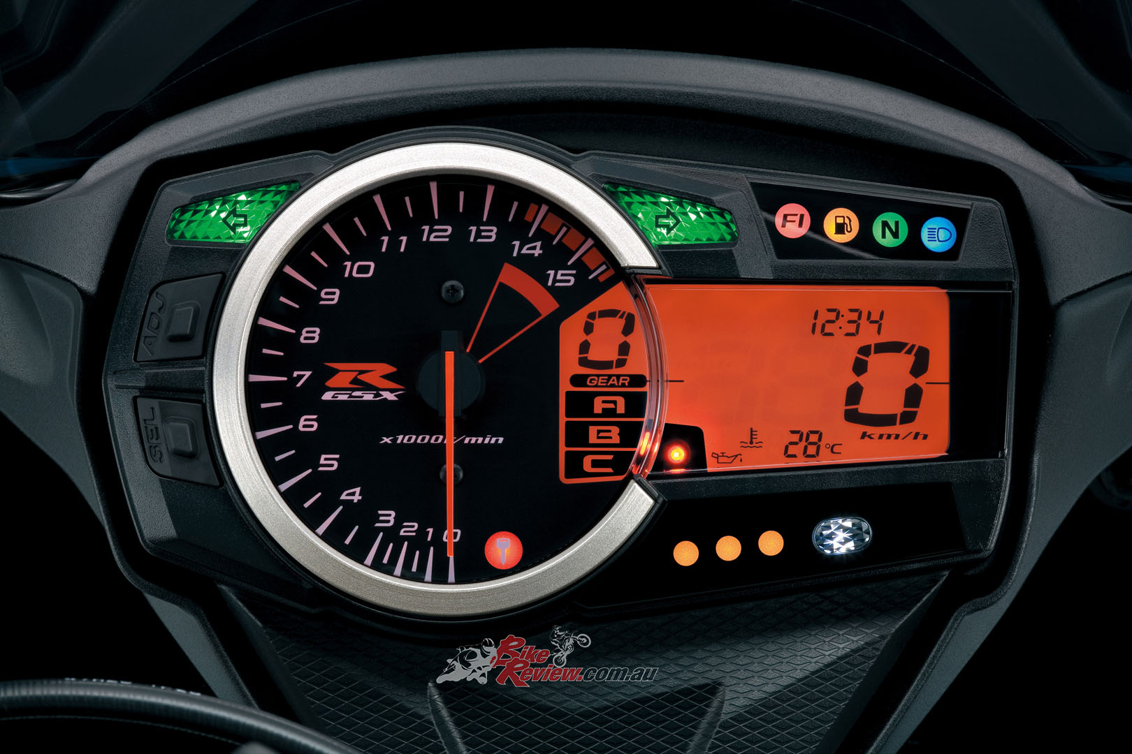 LCD readouts included an odometer, dual trip meters, reserve trip meter, clock, brightness adjustability, coolant temp, oil warning indicator, drive mode selected, gear position speed, rpm, shift lights and a lap timer.