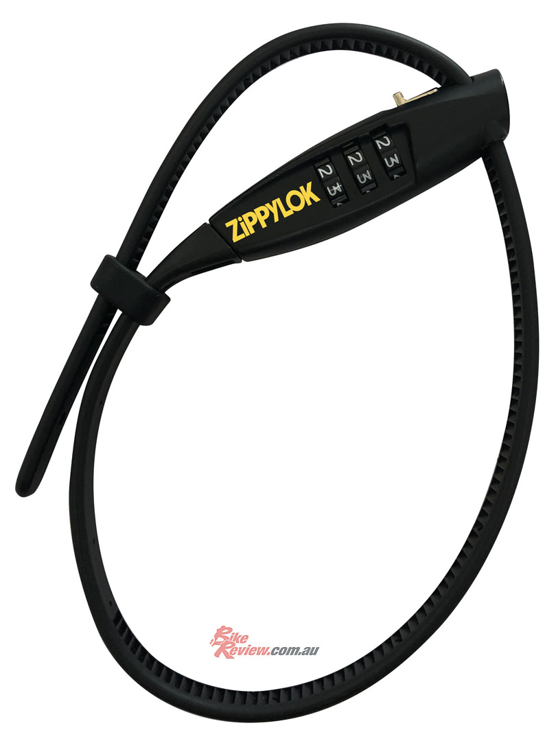 ZIPPYLOK is a fully adjustable racheting lock system, with a 3 digit, programmable locking mechanism, designed to lock “things” to your bike.  It’s basically a lockable zip tie with an adjustable locking circumference of 450mm. 