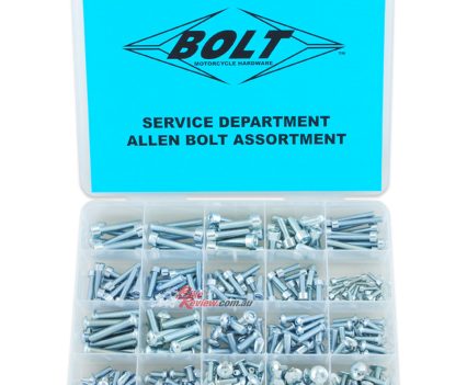 Contains only hardware used on motorcycles in factory style, size and finish. Perfect for service departments, workshops, mechanics, enthusiasts, etc.