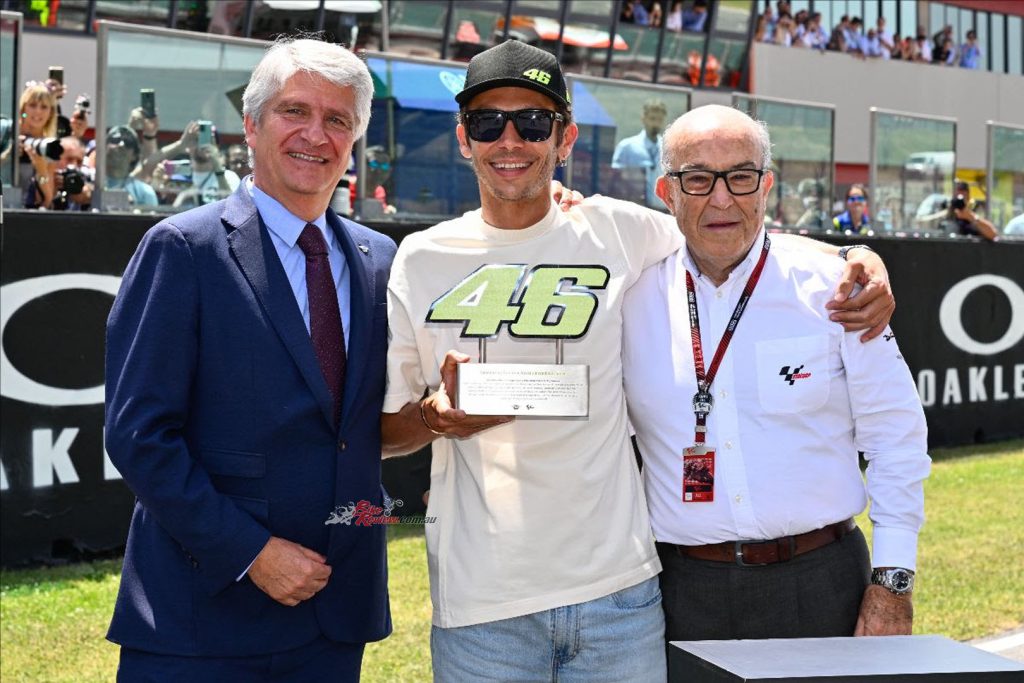 On the grid before qualifying began, the ceremony saw FIM President Jorge Viegas and Dorna CEO Carmelo Ezpeleta present the 'Doctor' with a special trophy...
