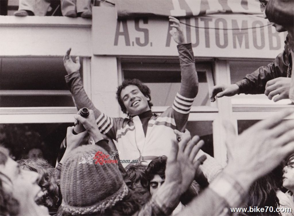 Gerard Debrock en route to the podium on a fans shoulders after winning the 1972 Bol d'Or on the 950SS.