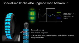 Scoop-shaped knobs enable exemplary off-road traction whilst in bottomless dirt and promote tread self-cleaning; knob layout ensures a continuous support at any lean angle also on hard-packed terrain.