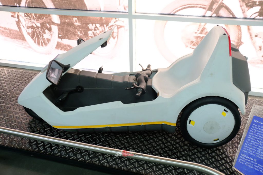 One of the very earliest modern electric “motorcycles”, the Sinclair C5 gave its rider (?) the unique opportunity to breathe the exhaust fumes of the other traffic as it rolled along at a leisurely 24km/h.