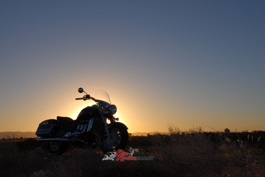 The Triumph Rocket II Touring fits right into the desert scenery – not because it’s flat and barren but because it is big and impressive.