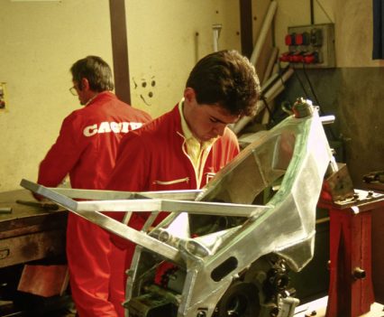 Mechanical bliss at the Cagiva factory as workers assemble a truly special chassis.