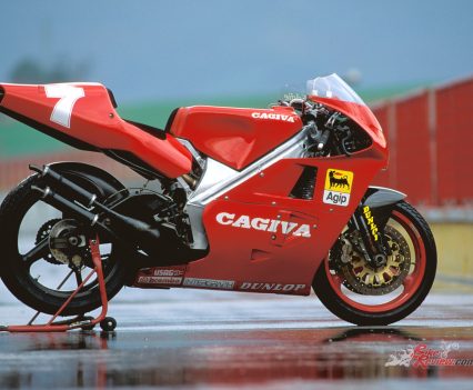 It was pretty amazing how much of their own money Cagiva plunged into this big. Simply shod in Cagiva red with minimal sponsorship on the bike.